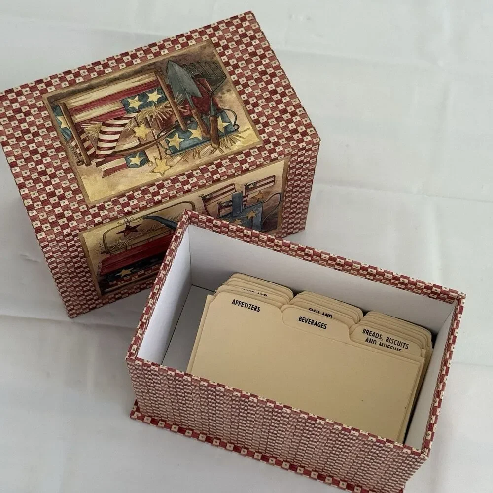 Vtg Diane Knott Art Recipe Box Dividers Patriotic Americana Folk Art Kitchen